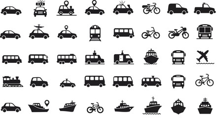 Transportation Icons Cars Trains Buses Bikes Boats and Airplanes in Black Silhouette