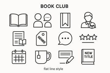 Flat line book club icons: books, discussion, genre tags, ratings, calendar, mug, new titles