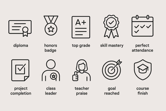 Achievement icons: diploma, honors badge, grades, mastery, attendance, completion, leadership, praise, goals, course