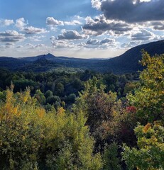 Scenic Mountain Landscape with Forest and Dramatic Clouds