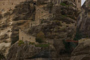 Detail view of stairway at the famous rock formations of Meteora with Varlaam Monastery on top of the rocks, Kalambaka, Thessaly, Greece