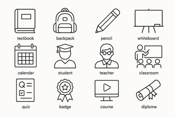 Education icons including textbook, backpack, pencil, and classroom elements
