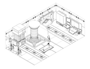 Complex, futuristic mechanical assembly with modular components. It features cylindrical and angular parts, systems, precise engineering details, suggesting advanced machinery, robotic technology. 3D