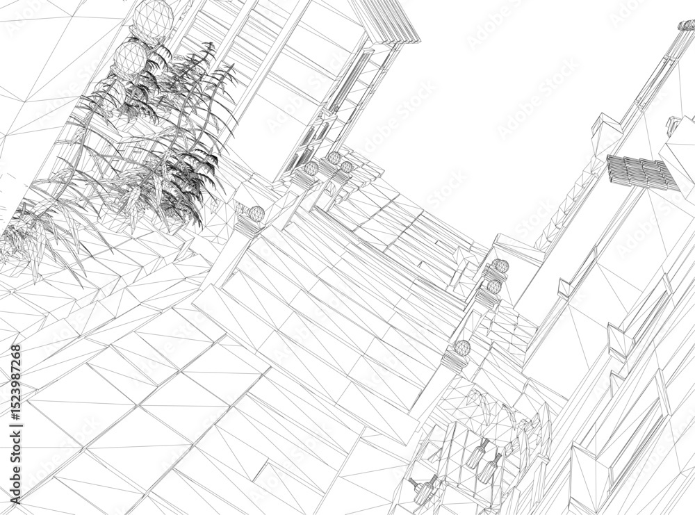 Poster a drawing of a staircase with a bench in front of it. the stairs are made of stone and the bench is 