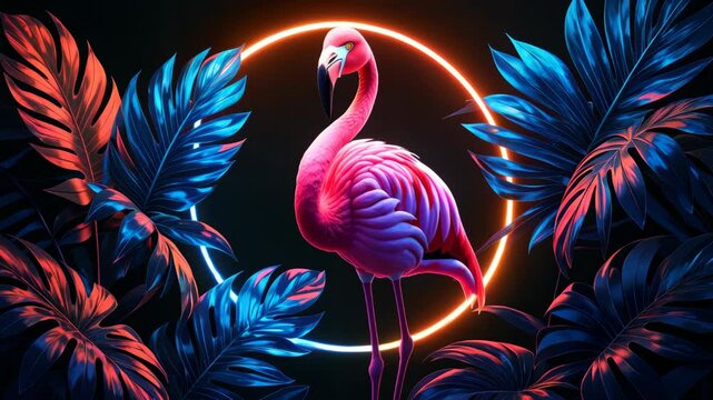 A neon pink flamingo is standing in front of a blue and purple background