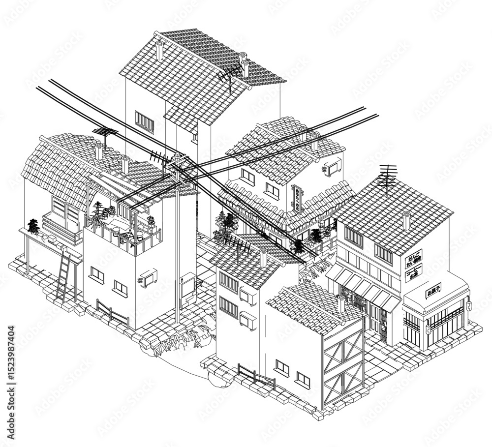Poster a drawing of a neighborhood with houses and a barn. the houses are all different sizes and have diff