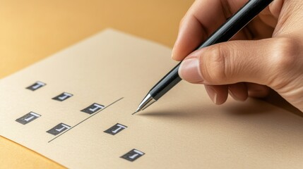 A hand holds a pen over a paper with a grid and symbols