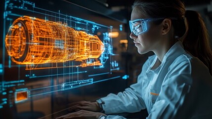 Scientist Analyzing 3D Model of Rocket Engine with Augmented Reality Glasses