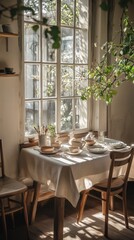 Sunlit Rustic Breakfast Nook with Tea Set and Greenery