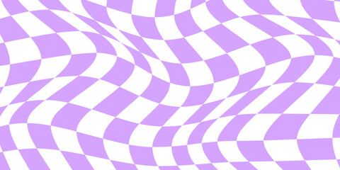 Distorted chessboard background in 2yk style. Visual chequered illusion. Dizzy psychedelic pattern with warped purple and white squares. Trippy checkerboard surface. Vector flat illustration
