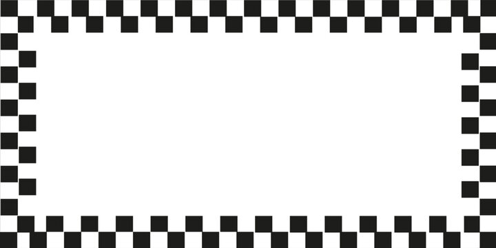 Rectangle frame with checkered print on borders. Rectangular vignette with checkerboard, race flag or chess game pattern isolated on white background. Vector graphic illistration.