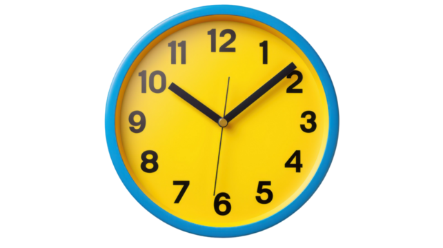 Bright Yellow Clock with Bold Numbers Isolated on White Background