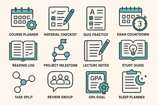 Educational planning icons for effective student organization and study management