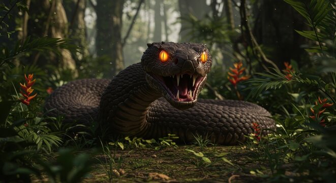 Glowingeyed serpent lurks in dense jungle