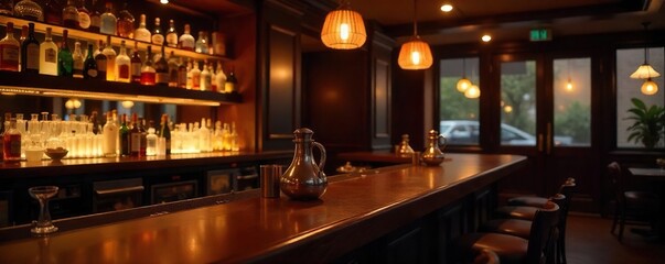 Fototapeta premium Elegant, dimly lit bar with polished wood, gleaming glassware, and stylish d?cor Perfect for a sophisticated drinks menu or upscale establishment advertising , beautiful, nightlife