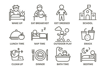 Child's daily routine icons: activities from wake up to bedtime