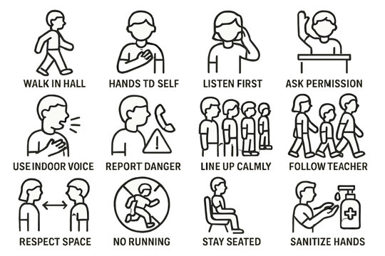 School safety icons: classroom etiquette and hygiene rules for students