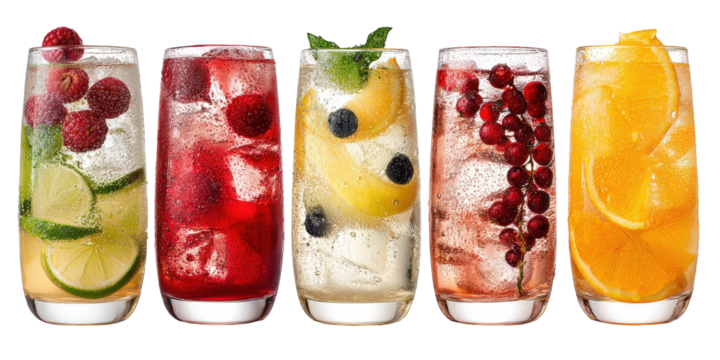 Refreshing summer cocktails with colorful fruits and ice cubes in elegant glasses perfect for a hot summer day party celebration red bar lime cold food on transparent background