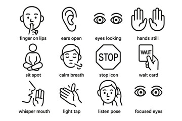 Visual communication icons: listening, focus, calm, and patience symbols