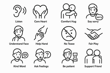 Simple line icons illustrating empathy, understanding, and supportive interactions