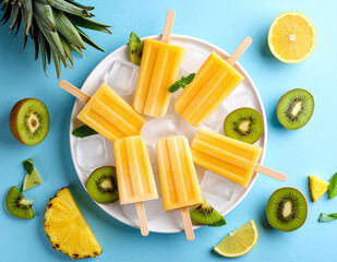 Tropical frozen pineapple and kiwi popsicles arranged on white plate with fresh slices of lemon and bright summer backdrop