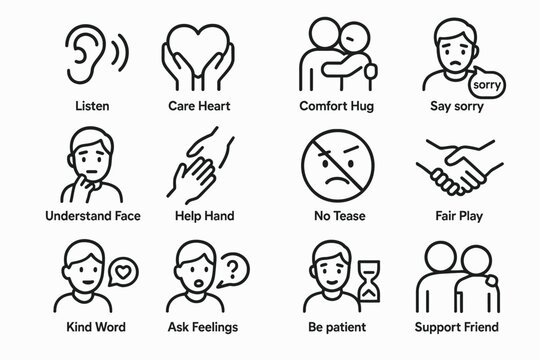 Simple line icons illustrating empathy, understanding, and supportive interactions