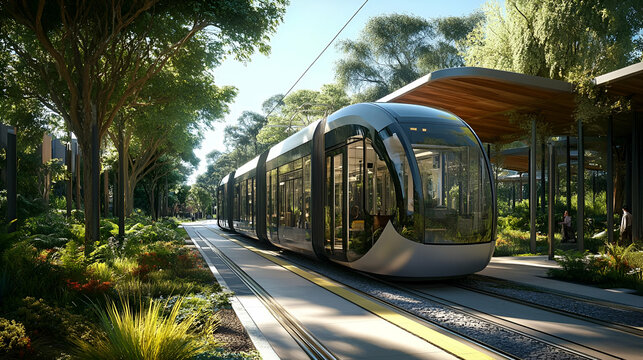 Modern Light Rail Train at Station in Park