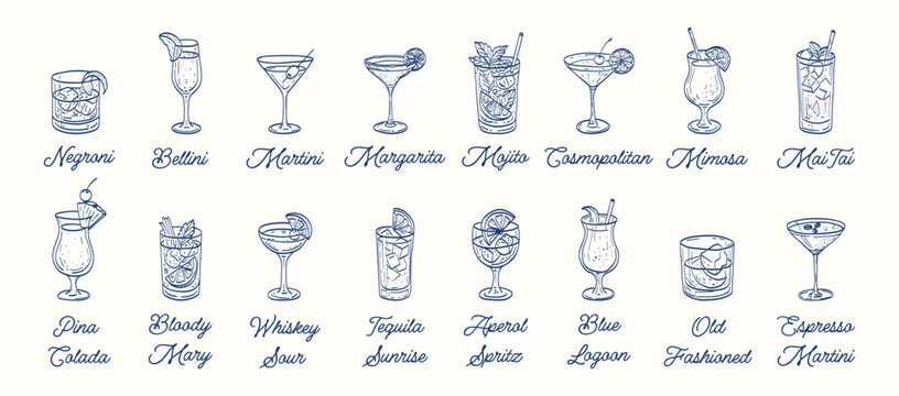 A series of blue and white drawings of various cocktails. The drawings are stylized and the text is written in cursive