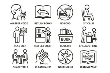 Library etiquette signs conveying quietness, cleanliness, and orderly behavior