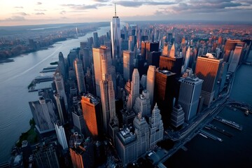 One world trade center towering over manhattan skyline at sunset