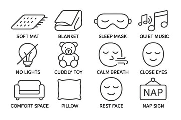 Fototapeta premium Sleep essentials icons: relaxation and comfort symbols for restful sleep