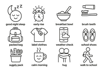 Daily morning routine icons for school preparation