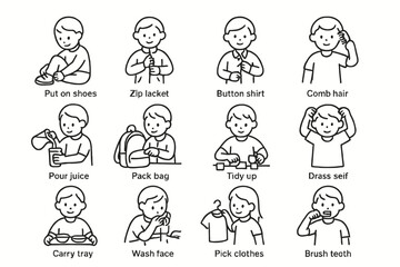 Stick figure kids demonstrate daily routine actions with mistaken spelling