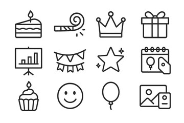 Festive icons: cake, gift, crown, celebration elements on textured background