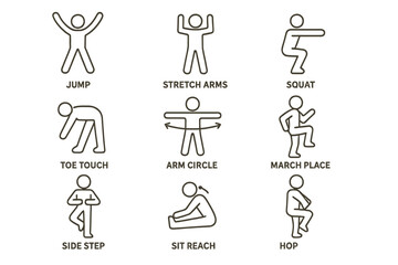 Simple exercise icons: jump, stretch arms, squat, toe touch, arm circle, march place, side step, sit reach, hop