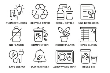 Eco-friendly habits: indoor plants, energy saving, recycling, zero waste, composting