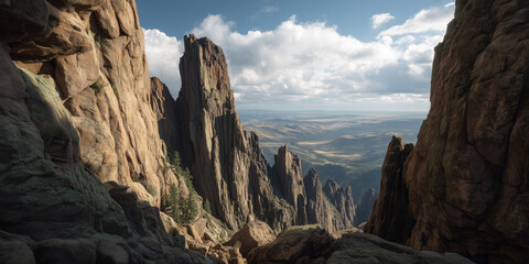 Obraz premium Dramatic Rocky Spires Overlooking Vast Mountain Valley 
