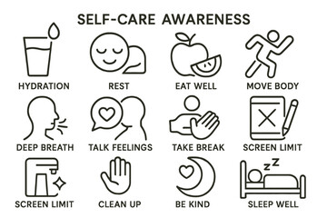 Self-care awareness icons: hydration, rest, nutrition, exercise, and mindfulness