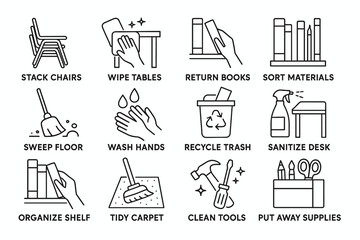 Classroom chores: stack chairs, wipe tables, return books, recycle trash, clean tools, sanitize desk