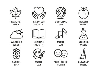 Educational theme icons representing various activities and appreciation weeks
