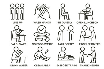 Etiquette icons: hygiene, dining, and courtesy guidelines for proper behavior