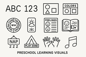 Educational preschool learning visuals featuring numbers, shapes, colors, and symbols