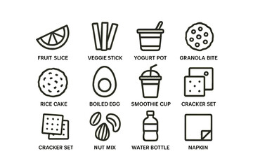Icons of healthy snacks: fruit, veggie stick, yogurt, granola, rice cake, egg, smoothie, cracker, nut, water, napkin