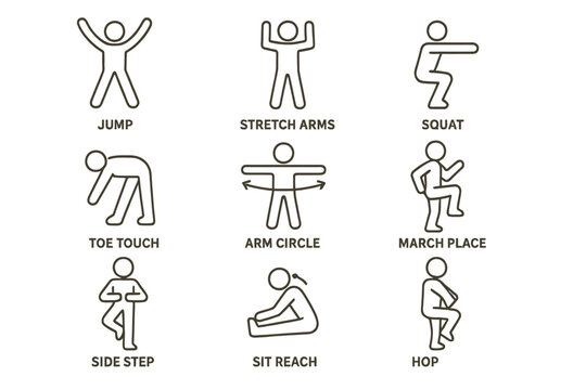 Simple exercise icons: jump, stretch arms, squat, toe touch, arm circle, march place, side step, sit reach, hop