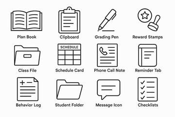 Educational icons set: plan book, clipboard, grading pen, reward stamps, and more