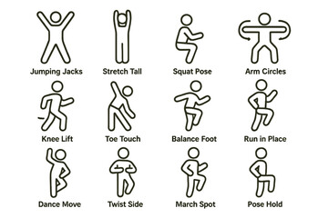 Simple exercise diagram: stick figure workout poses and activities