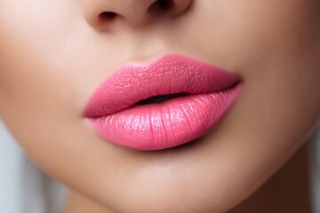 Fototapeta premium Close up of beautiful pink lips showing perfect makeup