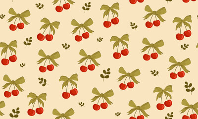 Cherries and coquette ribbon bow seamless pattern. Sweet red cherry, vintage red bow. Aesthetic wallpaper in trendy retro vintage style. Cute hand drawing cartoon vector illustration isolated on beige