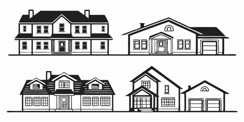 Fototapeta premium Illustration showing four different house designs with varying architectural styles in black and white line art, vector art