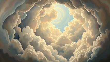 Künstlerisches Gemälde mit dichten, wirbelnden Wolken, die ein helles Zentrum im Himmel freigeben – traumhaft und spirituell. - obrazy, fototapety, plakaty